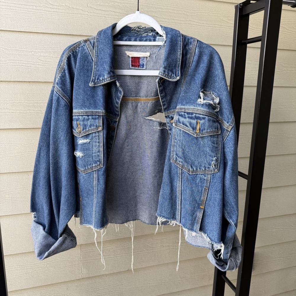 The Vintage Twin Sunbelt‎ Denim Trucker Jacket Blue Jean 90s Womens XL Cropped